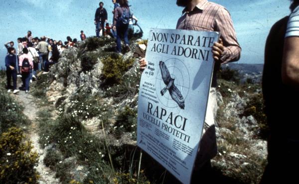 Proteste degli attivisti della Lipu contro il bracconaggio sullo Stretto di Messina, 1984